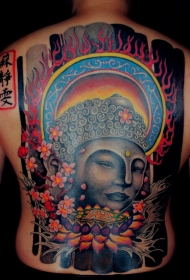 满背亚洲风格彩色如来佛祖塑像和莲花汉字纹身图案