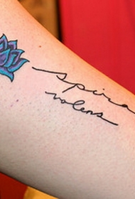 手臂伟大的蓝色小莲花与字母纹身图案