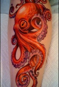 小腿美丽的写实红色章鱼纹身图案
