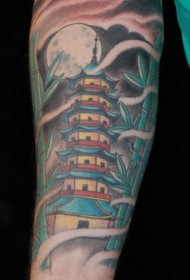 小臂亚洲卡通风格彩色的神秘竹子寺庙纹身图案