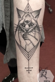 手臂点刺风格黑色神秘的猫与几何纹身图案