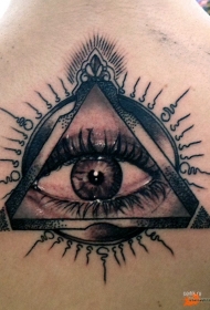 背部印象深刻的神秘眼睛和三角形纹身图案