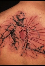 背部彩色的神奇男子与红色心脏纹身图案
