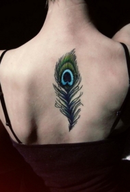 背部可爱的黑孔雀羽毛彩绘纹身图案