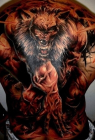 背部new school彩色邪恶强大的狼人纹身图案