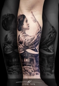 小臂日本风格黑白艺妓房屋纹身图案