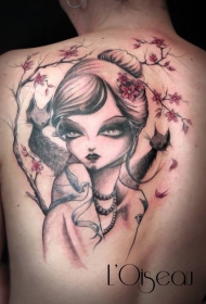 背部现代传统风格彩色的女人与猫和花朵纹身图案