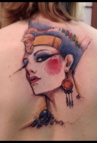 背部埃及女人肖像彩色纹身图案