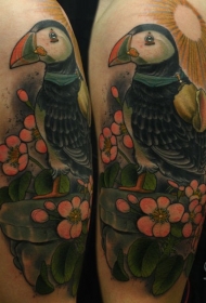 大臂新传统风格彩色的鸟和花朵纹身图案