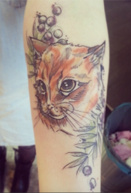 手臂漂亮的彩色浆果和可爱猫纹身图案