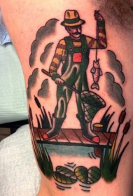 简单的彩色男子与鱼手臂纹身图案