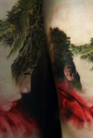 彩色的男孩头部与丛林瀑布纹身图案