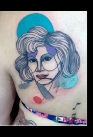 背部自制的彩色线条女人肖像纹身图案