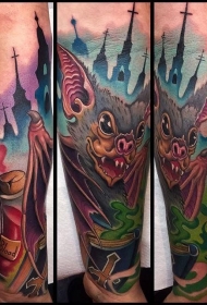 小臂新传统风格彩色蝙蝠与城堡纹身图案