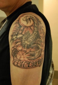 大臂蝎红色背景的蝎子和日期纹身图案