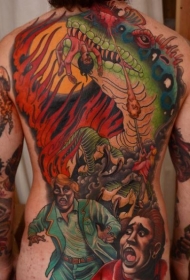 背部卡通风格彩色邪恶龙与可怕人类纹身图案