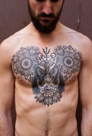 胸部点刺风格黑色各种花卉和熊纹身图案