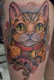 大腿new school彩色的猫与花朵纹身图案