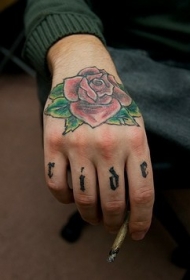 手背美丽的彩色玫瑰纹身图案