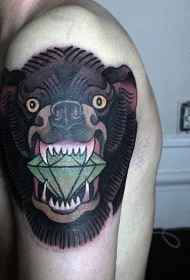 手臂old school,彩色熊头与绿色钻石纹身图案