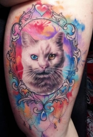 大腿写实的痛苦猫头像纹身图案
