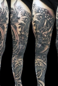 腿部亚洲风格黑色龙和武士艺妓纹身图案