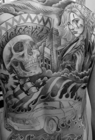 背部灰色墨西哥女郎与帽子骷髅纹身图案