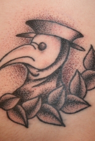 old school黑色点刺绅士小鸟与树叶纹身图案