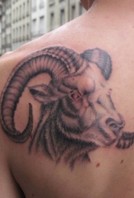背部漂亮的水墨公羊头像纹身图案