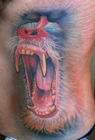 侧肋巨大的彩色狒狒头像纹身图案