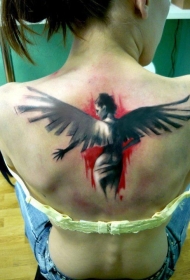 背部水彩女人与翅膀纹身图案