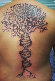 背部DNA形状的黑色孤独树纹身图案