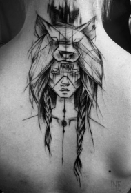 背部黑色的部落女性素描肖像纹身图案