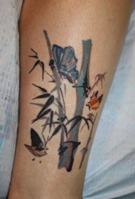 小腿现代传统风格彩色蝴蝶竹子纹身图案