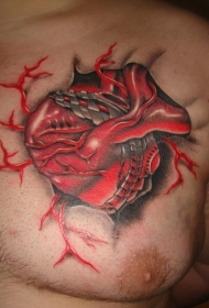 胸部红色的机械心脏纹身图案