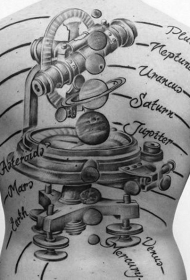 背部科学风格显微镜和字母太阳系纹身图案