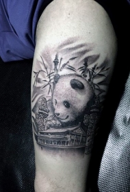 雕刻风格黑色写实的大熊猫与房子纹身图案