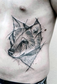 侧肋雕刻风格黑色狼头纹身图案