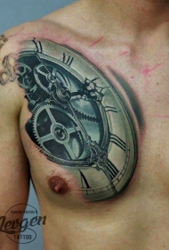 胸部彩色美丽的机械时钟纹身图案
