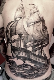 背部逼真的黑色大型帆船纹身图案
