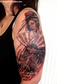 女生大臂华丽的亚洲艺妓结合幻想龙纹身图案