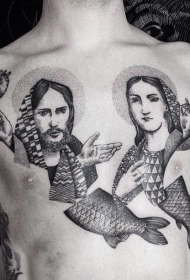 胸部超现实主义风格黑色鱼尾巴和圣人画像纹身图案