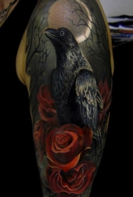 大臂美丽的黑色乌鸦与红玫瑰月亮纹身图案