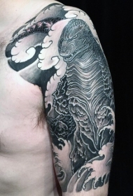 手臂亚洲风格的黑白哥斯拉纹身图案