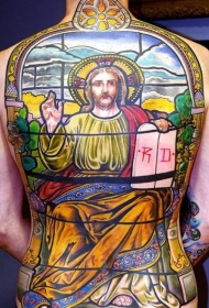 满背彩色的耶稣布道肖像纹身图案