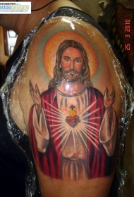 大臂彩色的耶稣圣心纹身图案