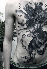 胸部和腹部old school黑色怪兽狼纹身图案