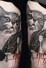 大腿雕刻风格黑色尖叫的女人与猫头纹身图案