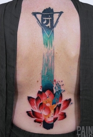 背部亚洲主题彩色莲花和字符纹身图案