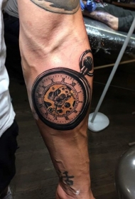 手臂华丽的写实旧机械时钟纹身图案